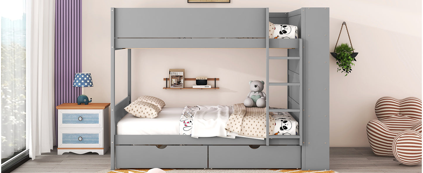 Gray Full over Full Bunk Bed with Storage Drawers and Cabinet for Kids