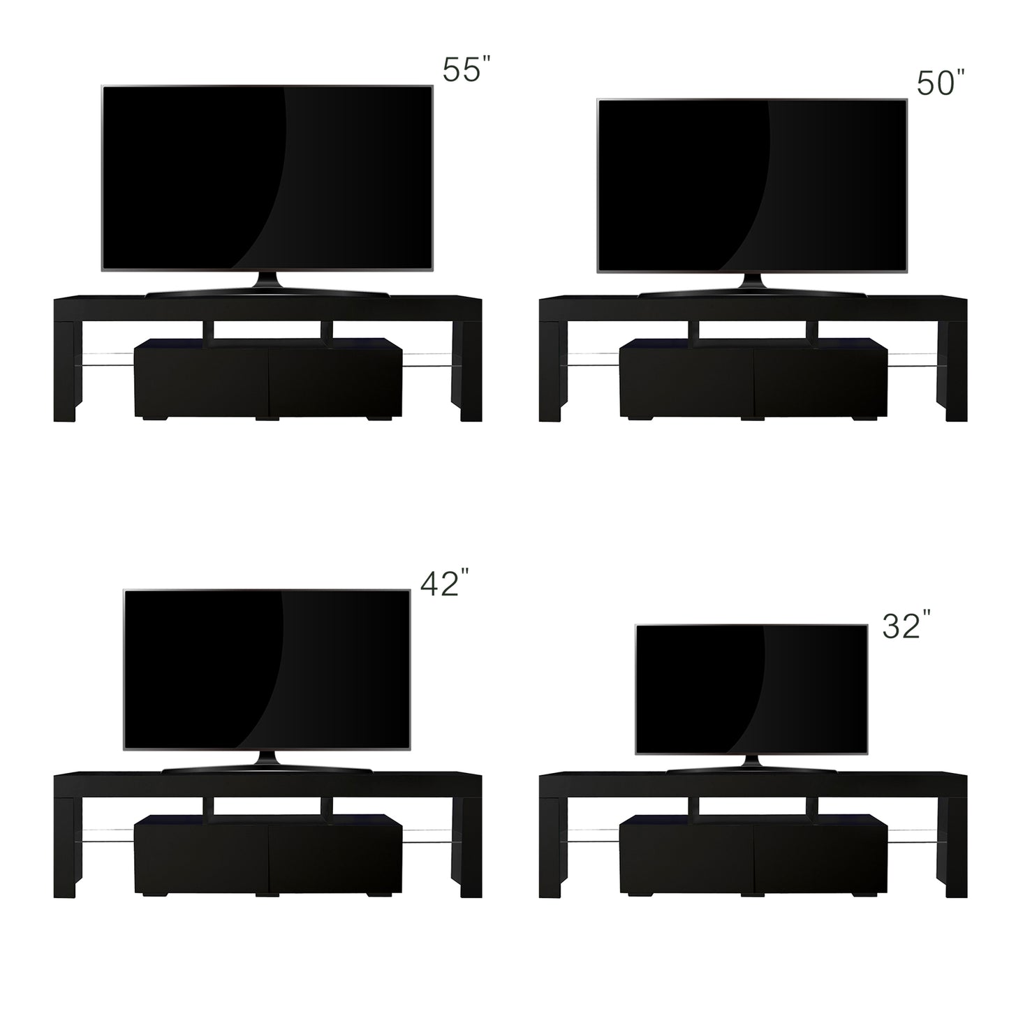 Sleek Black TV Stand with 20 Color LED Lights and Remote Control