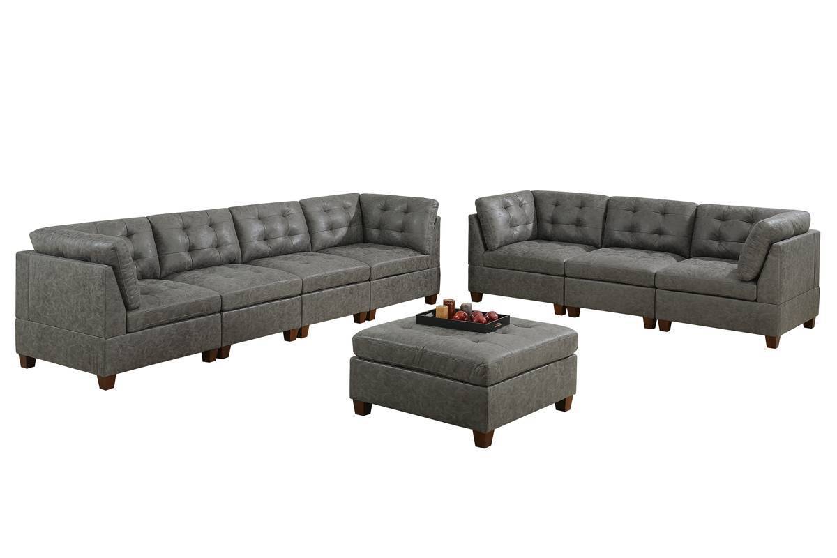 Luxurious Antique Grey Modular Leatherette Sofa Set 8pc with Tufted Back-Sleek Design