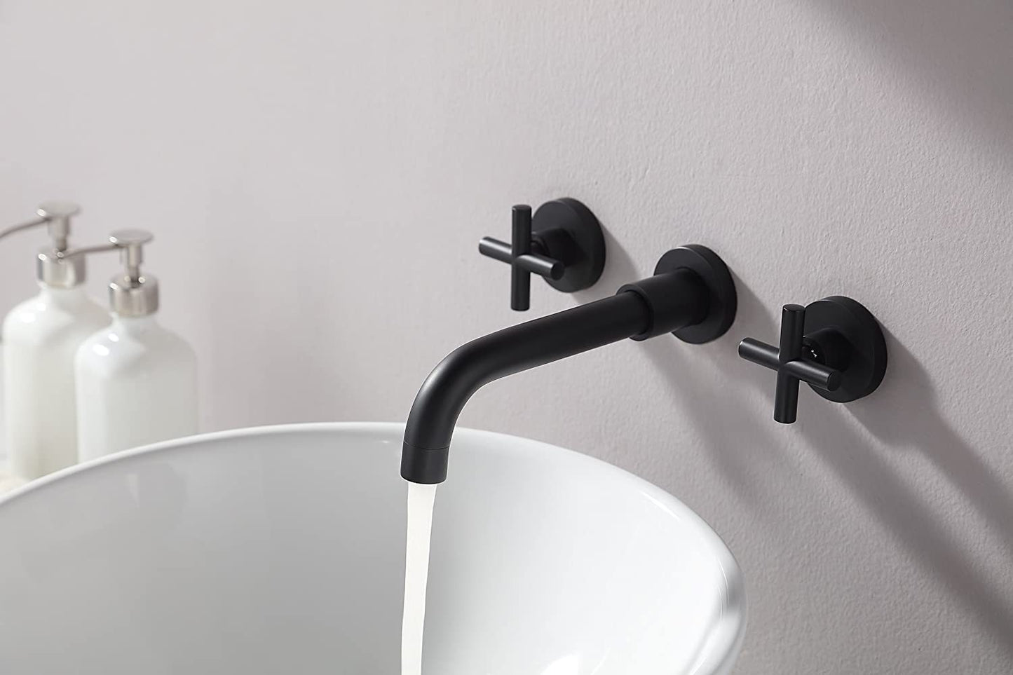 Modern Matte Black Double Handle Wall Mount Bathroom Faucet