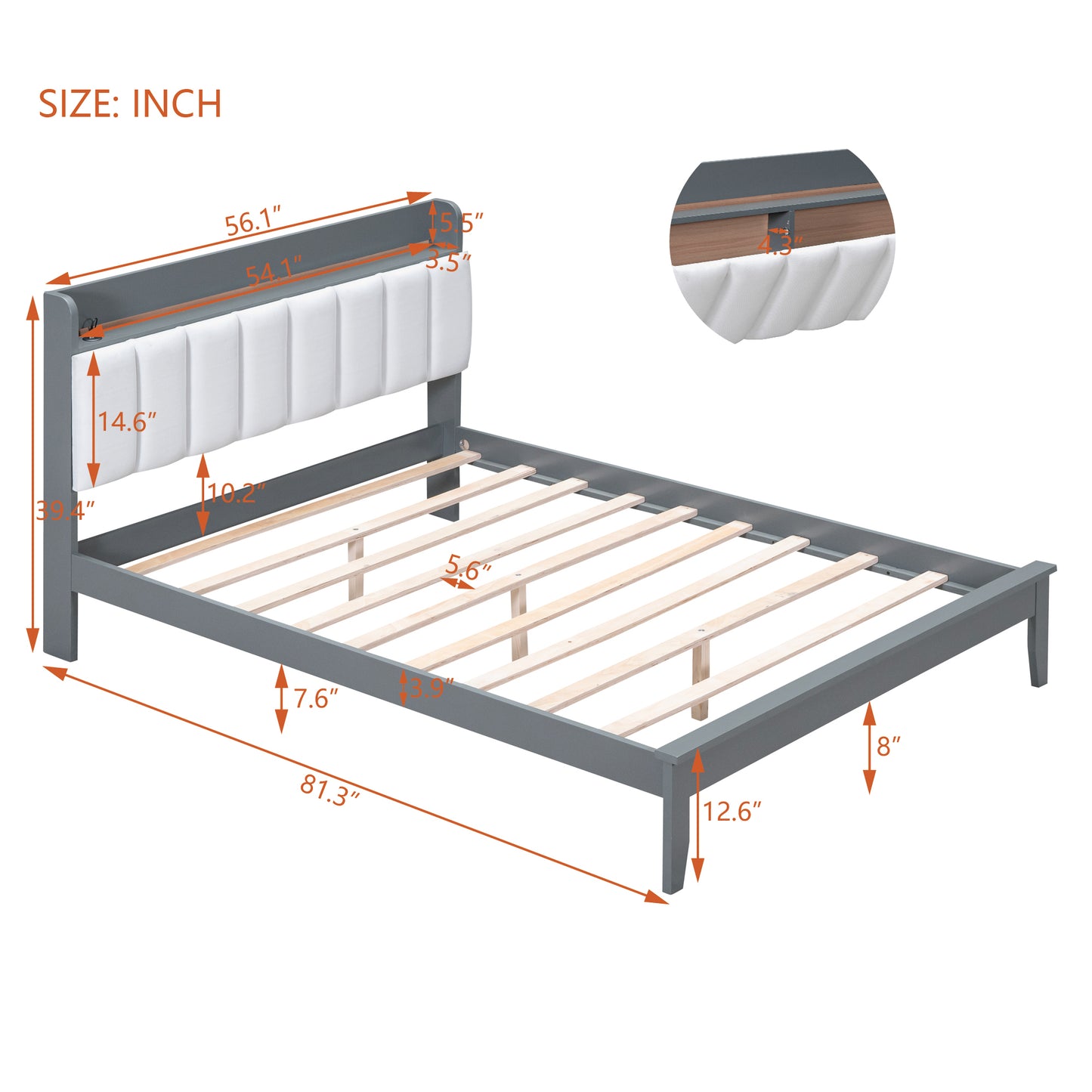 Full size Platform Bed with USB Charging Station and Storage Upholstered Headboard,LED Bed Frame,No Box Spring Needed,Gray+White