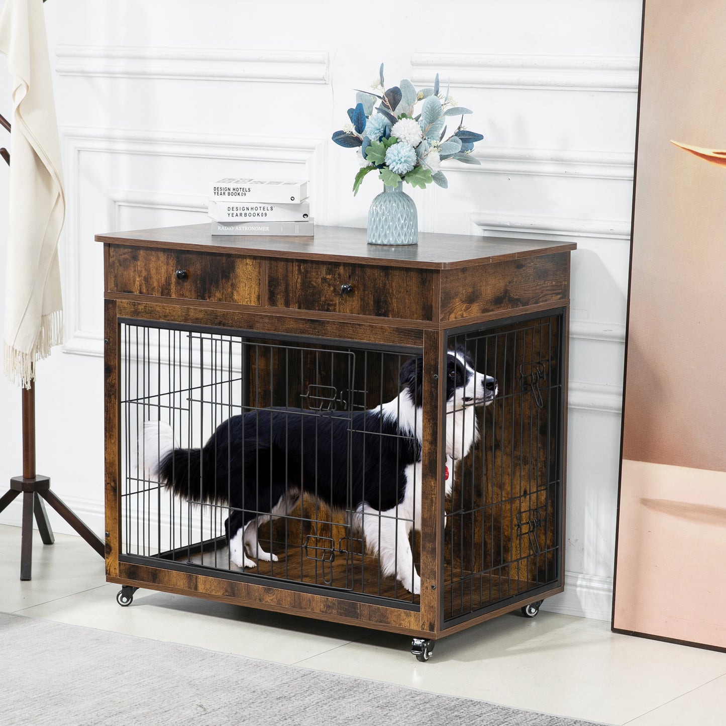 Dog Crate Furniture, Wooden Dog Crate End Table, 38.4 Inch Dog Kennel with 2 Drawers Storage, Heavy Duty Dog Crate, Decorative Pet Crate Dog Cage for Large Indoor Use (Rustic Brown) 38.4" L×23.2" W×35