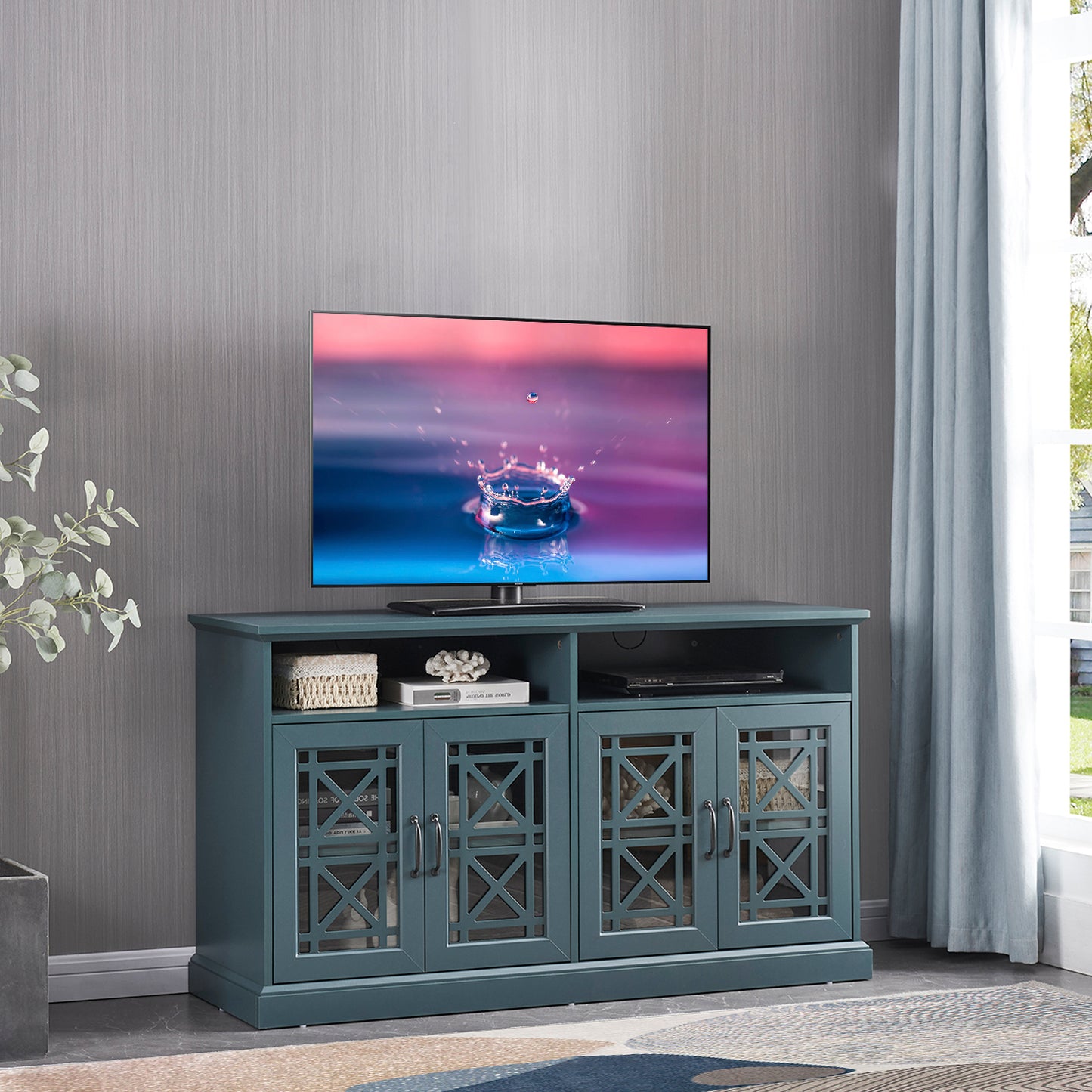 Versatile Teal Entertainment Console with Storage Buffet Cabinet