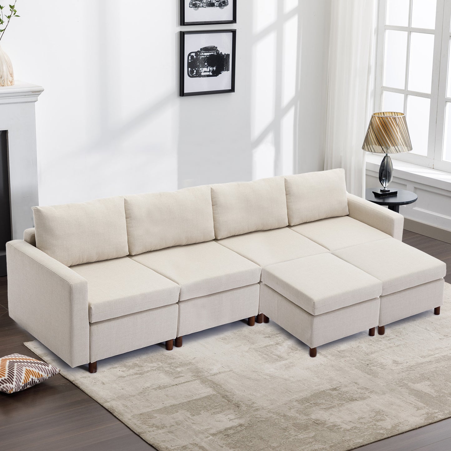 Sectional Sofa with 4 Seats and 2 Ottomans, Cream Linen Upholstery