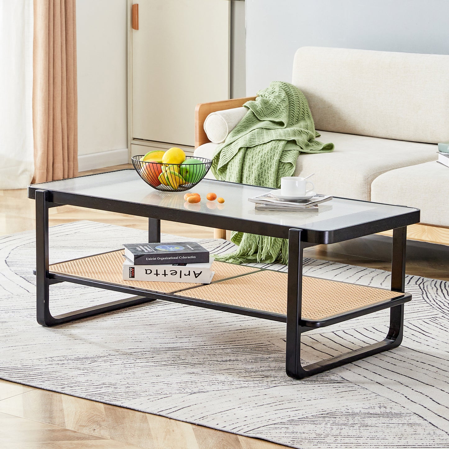 Elegant Rectangular Black Solid Wood Imitation Rattan Coffee Table with Chinese Style Side Table