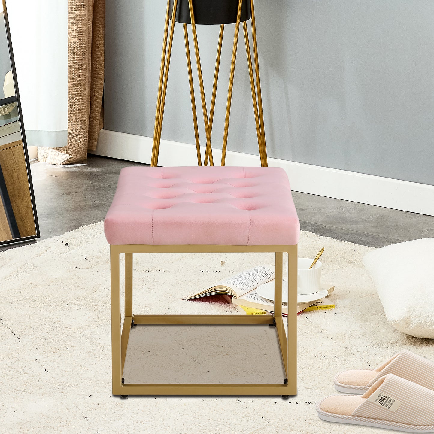 Chair Velvet Shoe Changing Stool, Footstool, Square Cushion Foot Stool, Sofa stool, Rest stool,Low Stool .Step Stool, Small Footrest .Suitable for Clothes Shop,Living Room, Porch,Pink BenchST-001-PI