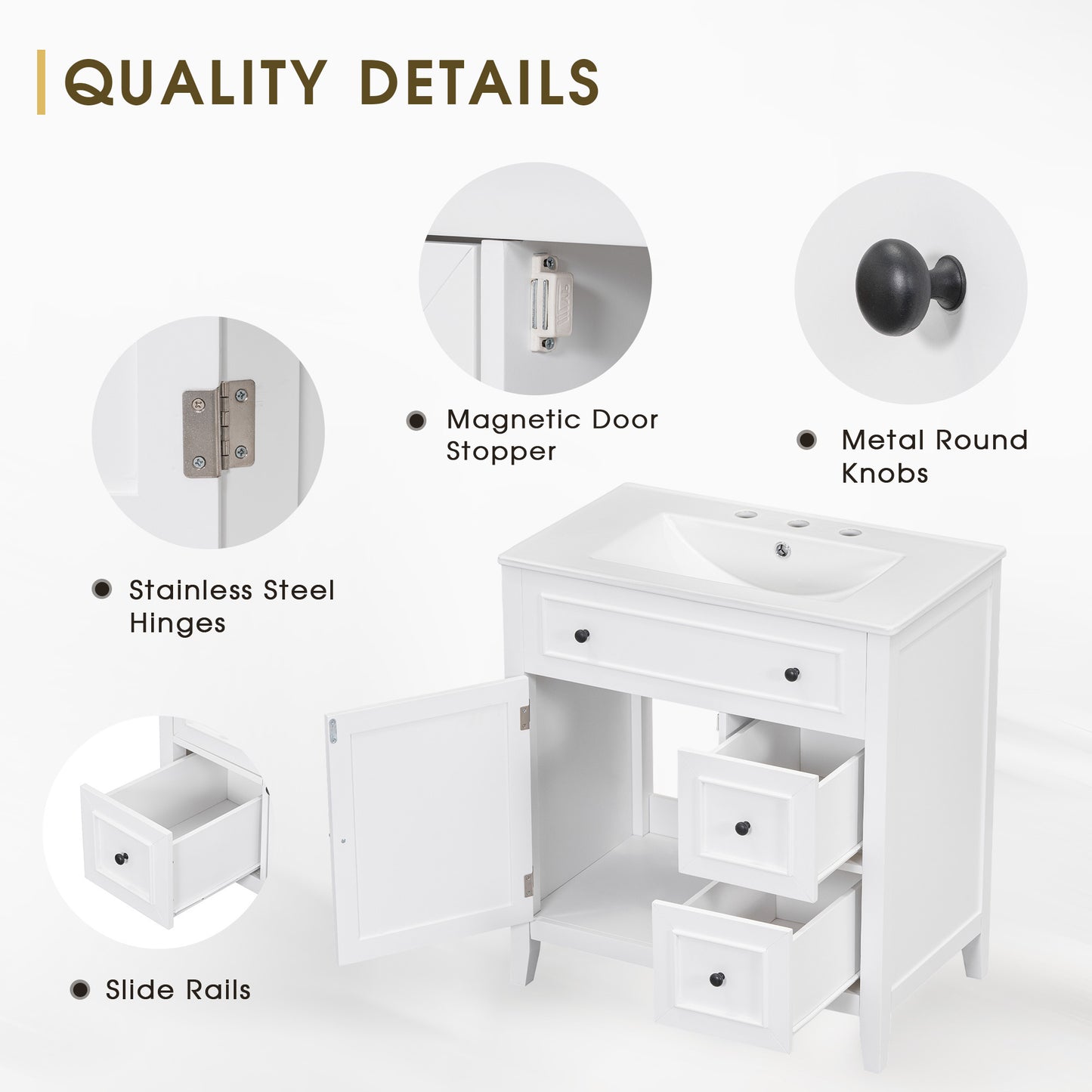 30" Bathroom Vanity with Sink Top, Bathroom Vanity Cabinet with Door and Two Drawers, Solid Wood Frame, One Package, White