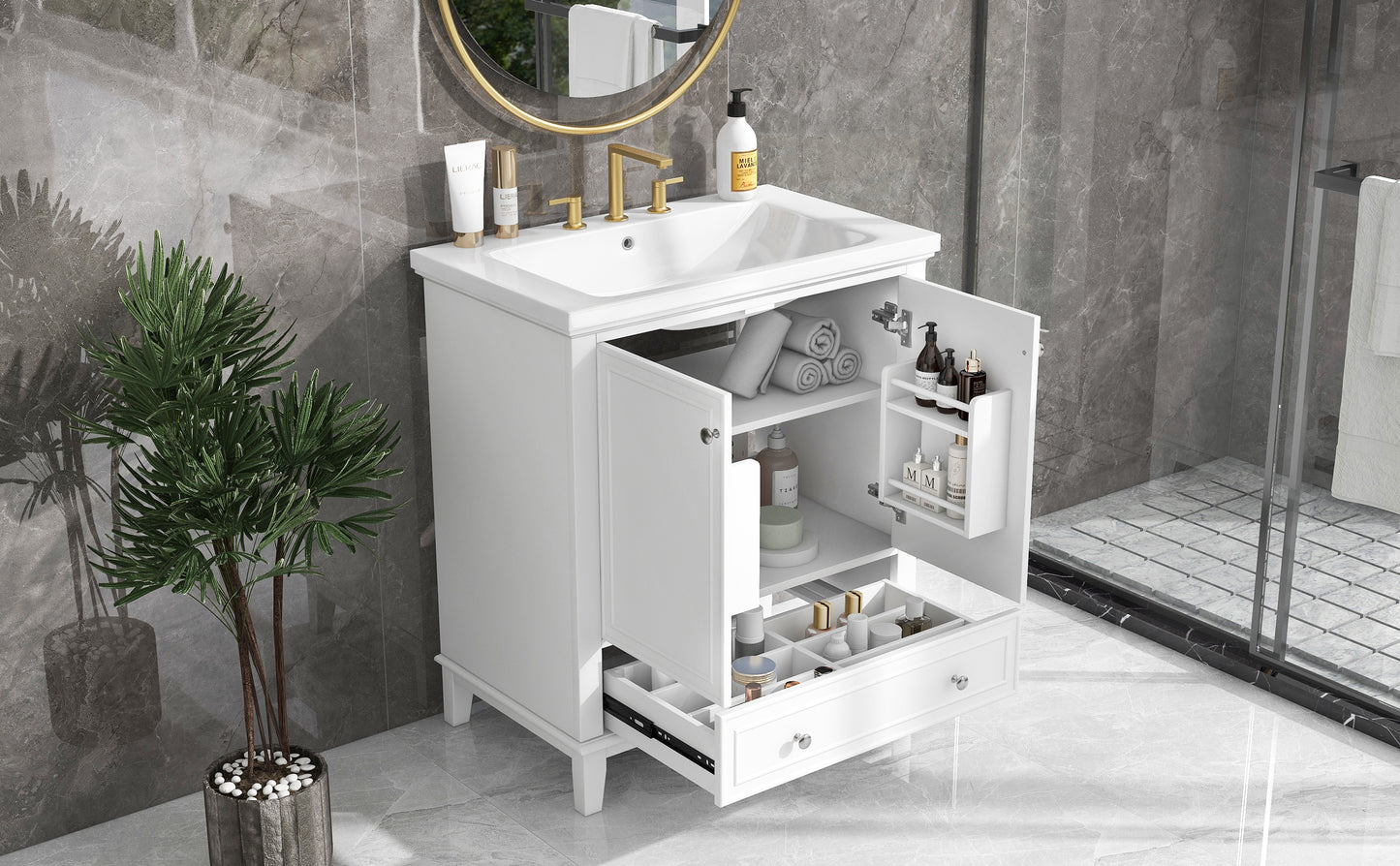 30" Bathroom Vanity with Sink Combo, Multi-functional Bathroom Cabinet with Doors and Drawer, Solid Frame and MDF Board, White