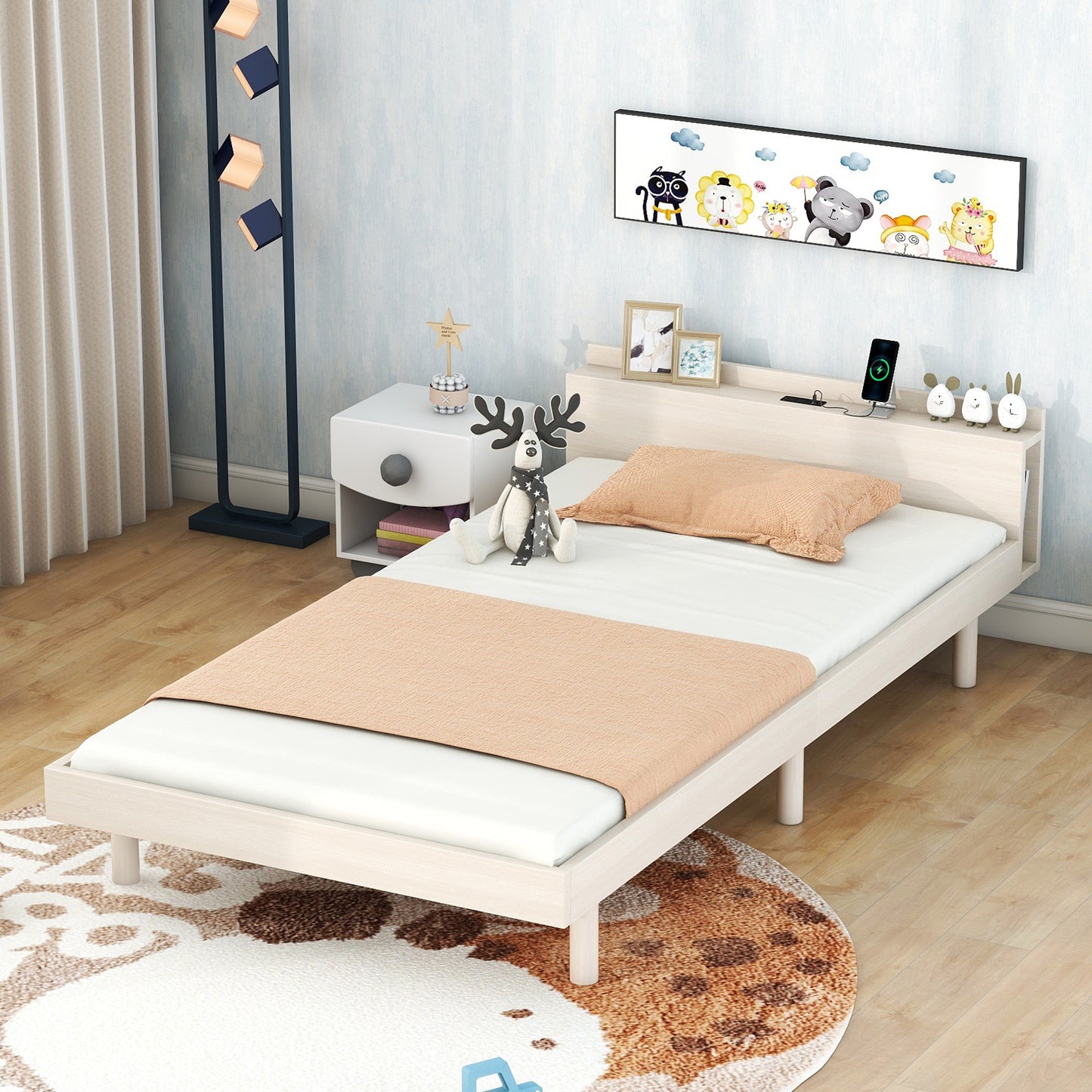 Modern Design Twin Size Platform Bed Frame with Built-in USB Ports for White Washed Color