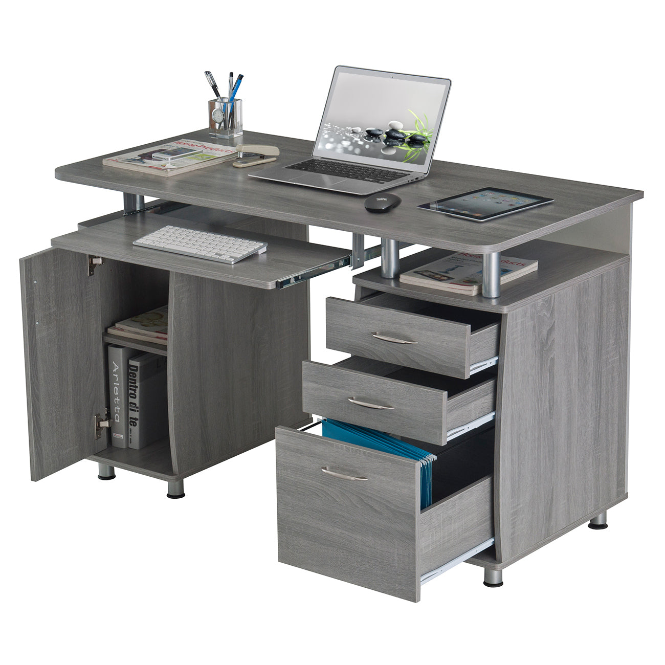 Elegant Grey Workstation Desk with Abundant Storage Space