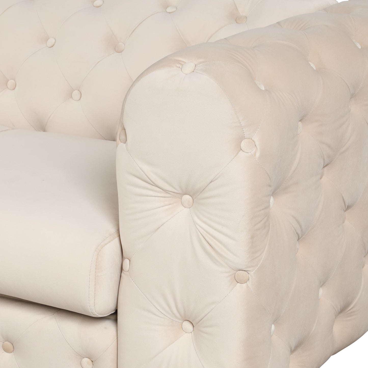 85.5 Beige Velvet Upholstered 3-Seater Sofa with Button Tufted Back