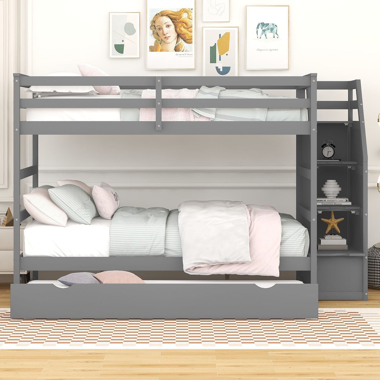 Gray Full Bunk Bed with Trundle and 3 Storage Stairs