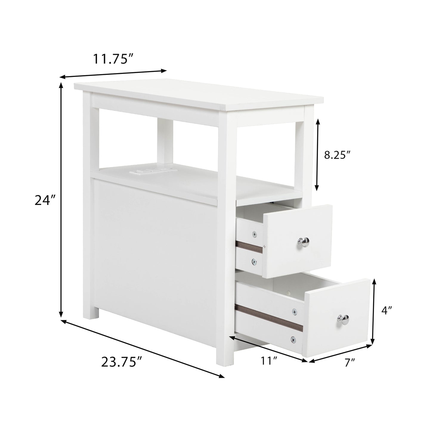 End Table with Charging Station, Narrow Sofa Side Table, Wooden Nightstand, Bedroom Living Room Furniture, White