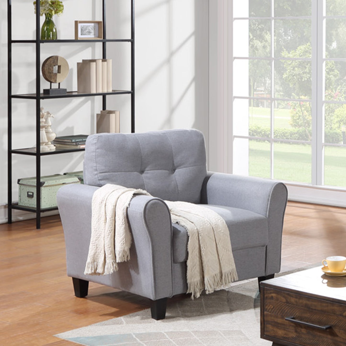 35 Light Grey-Blue Linen Upholstered Modern Armchair