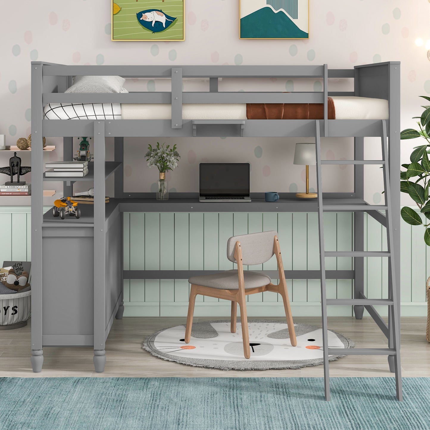 Full size Loft Bed with Drawers and Desk, Wooden Loft Bed with Shelves - Gray