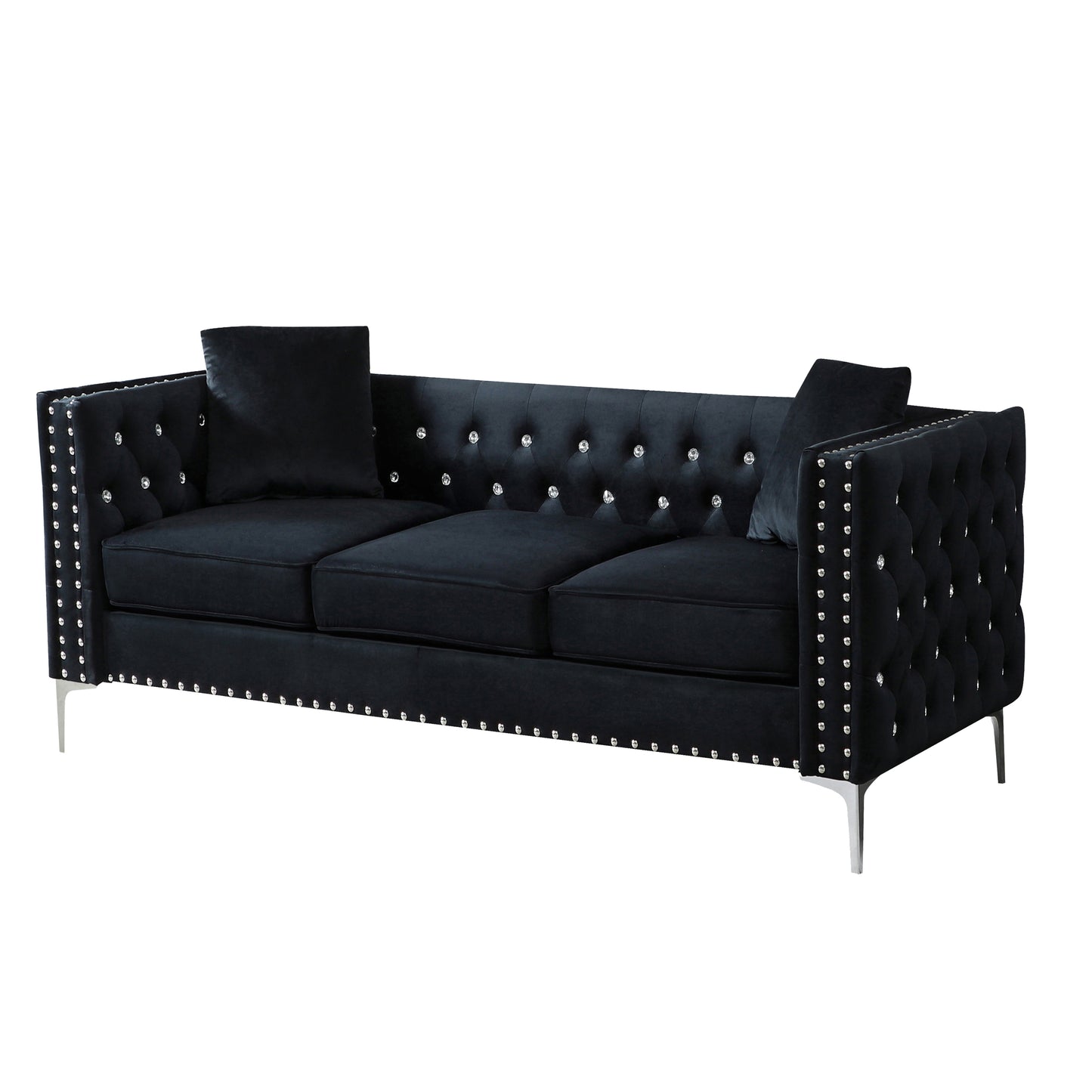 Modern Black Velvet Sofa with Jeweled Buttons and Tufted Square Arms, Including 2 Pillows