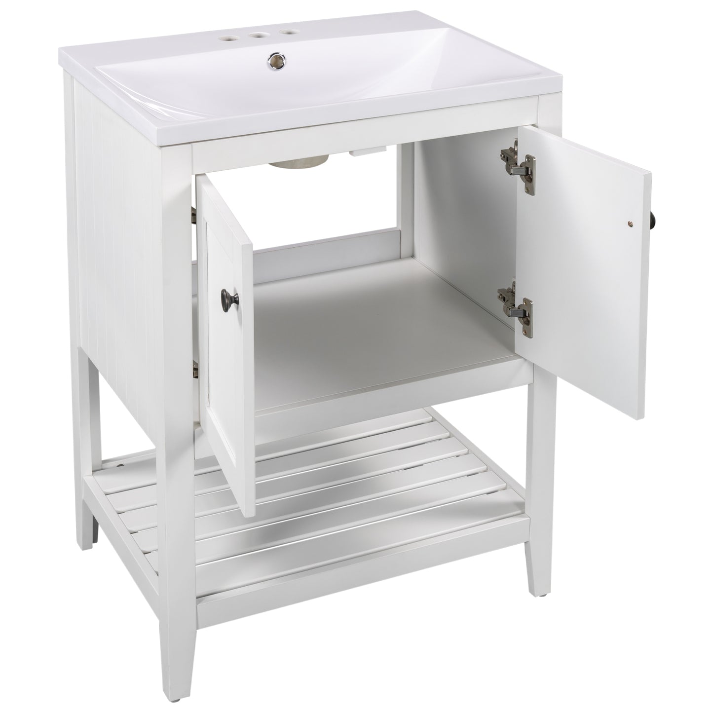 24" White Modern Sleek Bathroom Vanity Elegant Ceramic Sink with Solid Wood Frame Open Style Shelf