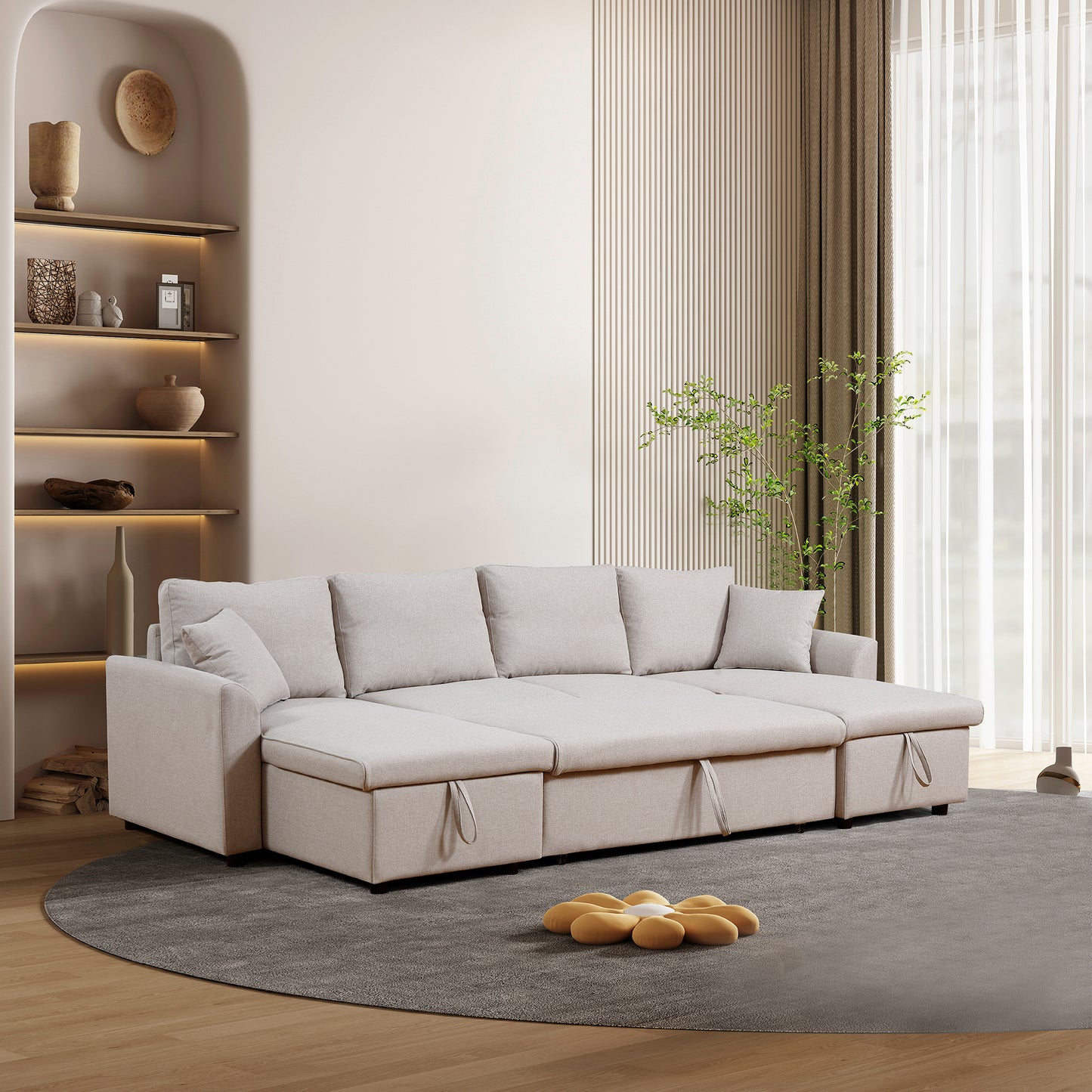 Artemax U-Shape Pull-out Sleeper Sectional Sofa with Double Storage Spaces ,BEIGE