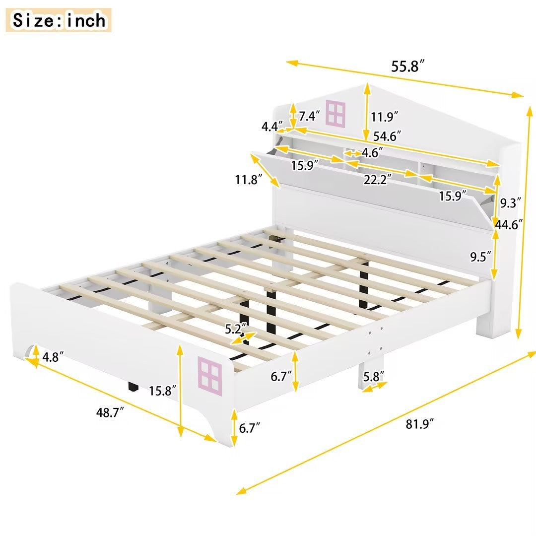 Wooden Full Size House Bed with Storage Headboard ,Kids Bed with Storage Shelf,White