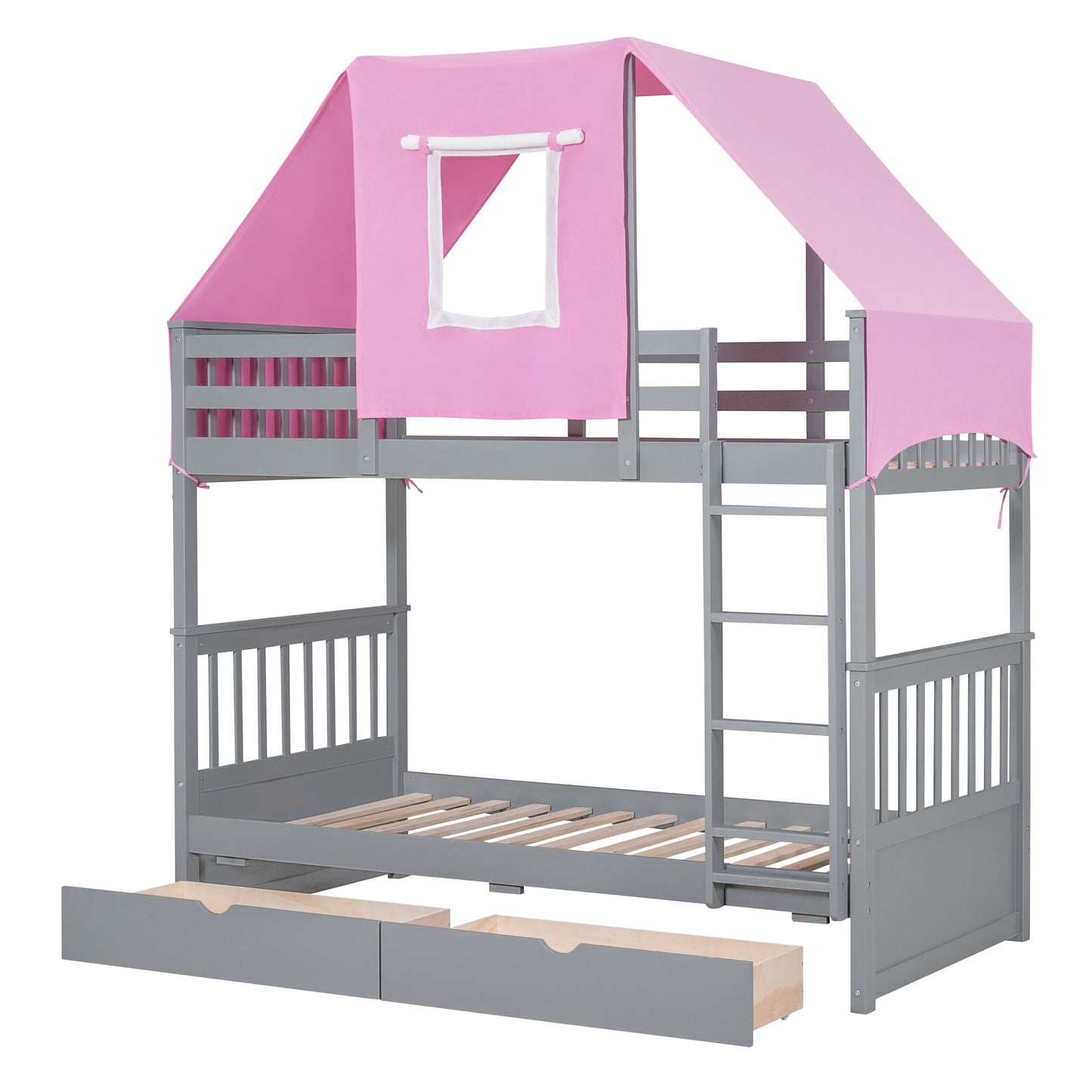 Gray and Pink Twin Over Twin Bunk Bed with Tent and Drawers for a Playful Bedroom Environment