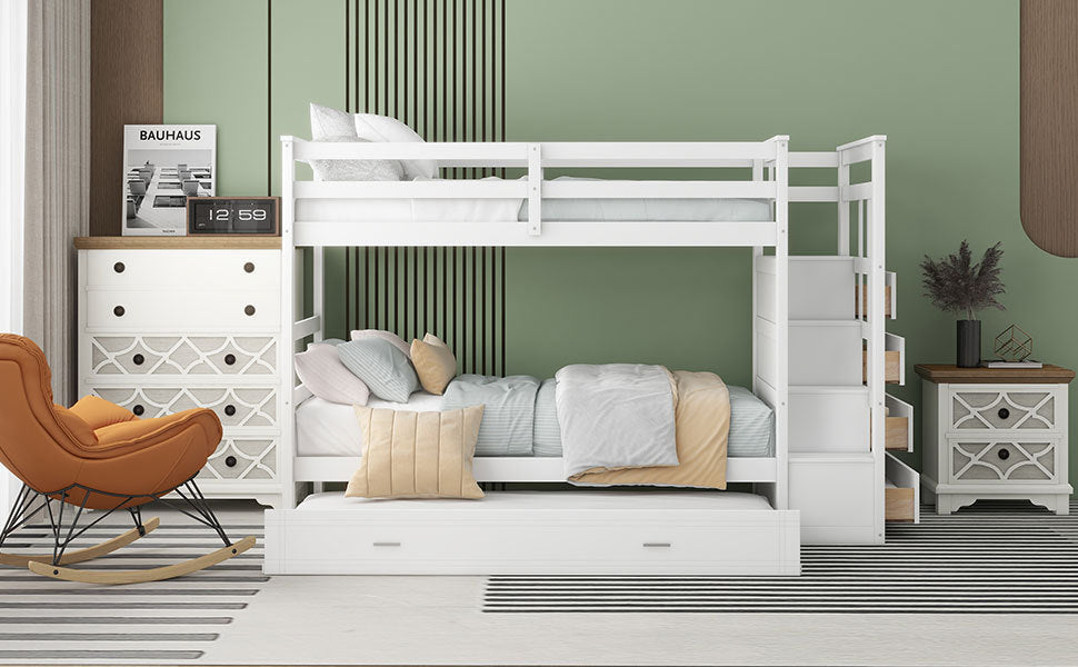 White Twin Over Twin Bunk Bed with Trundle, Staircase, and Storage Drawers