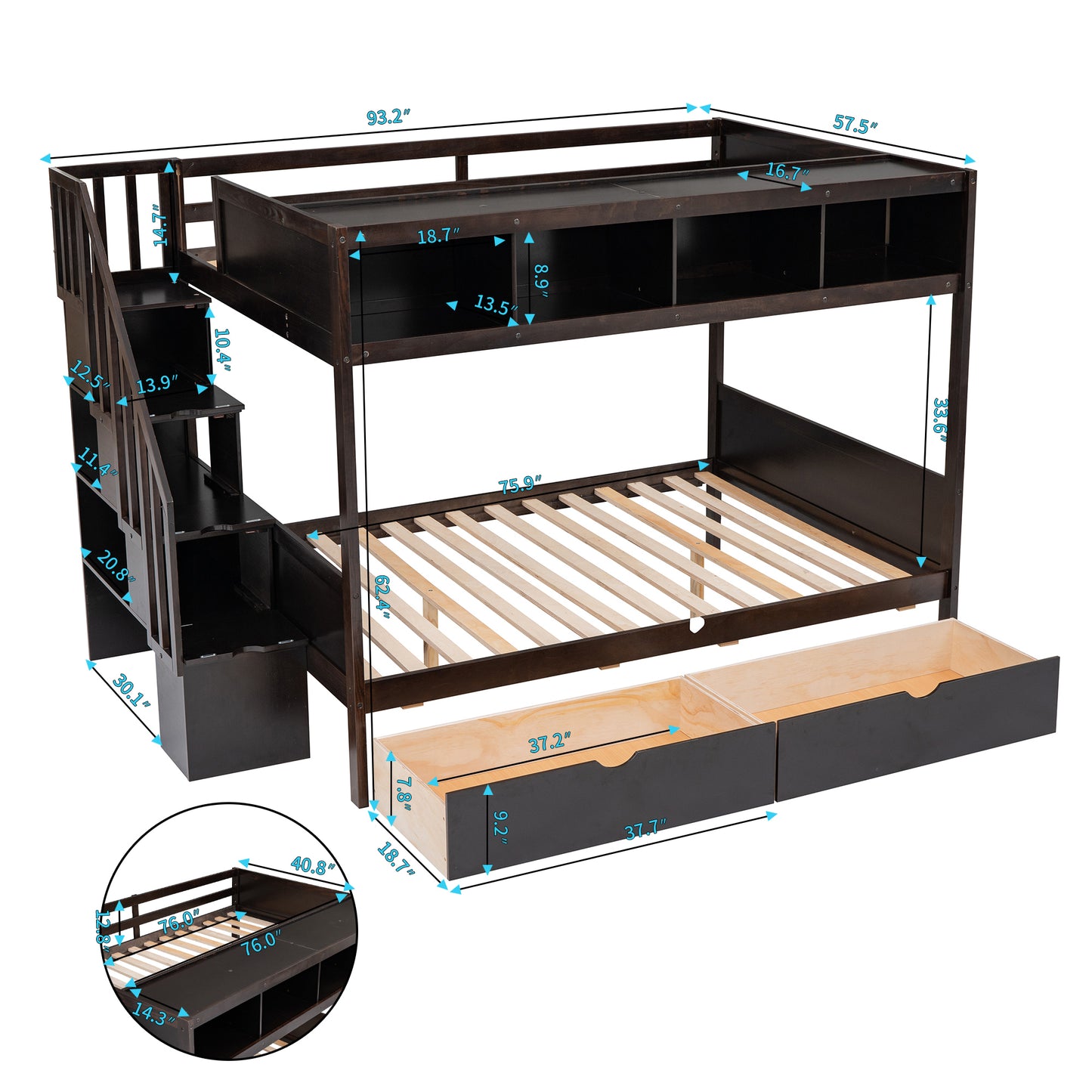 Espresso Finish Twin over Full Bunk Bed with Storage Staircase, Shelves, and 2 Drawers