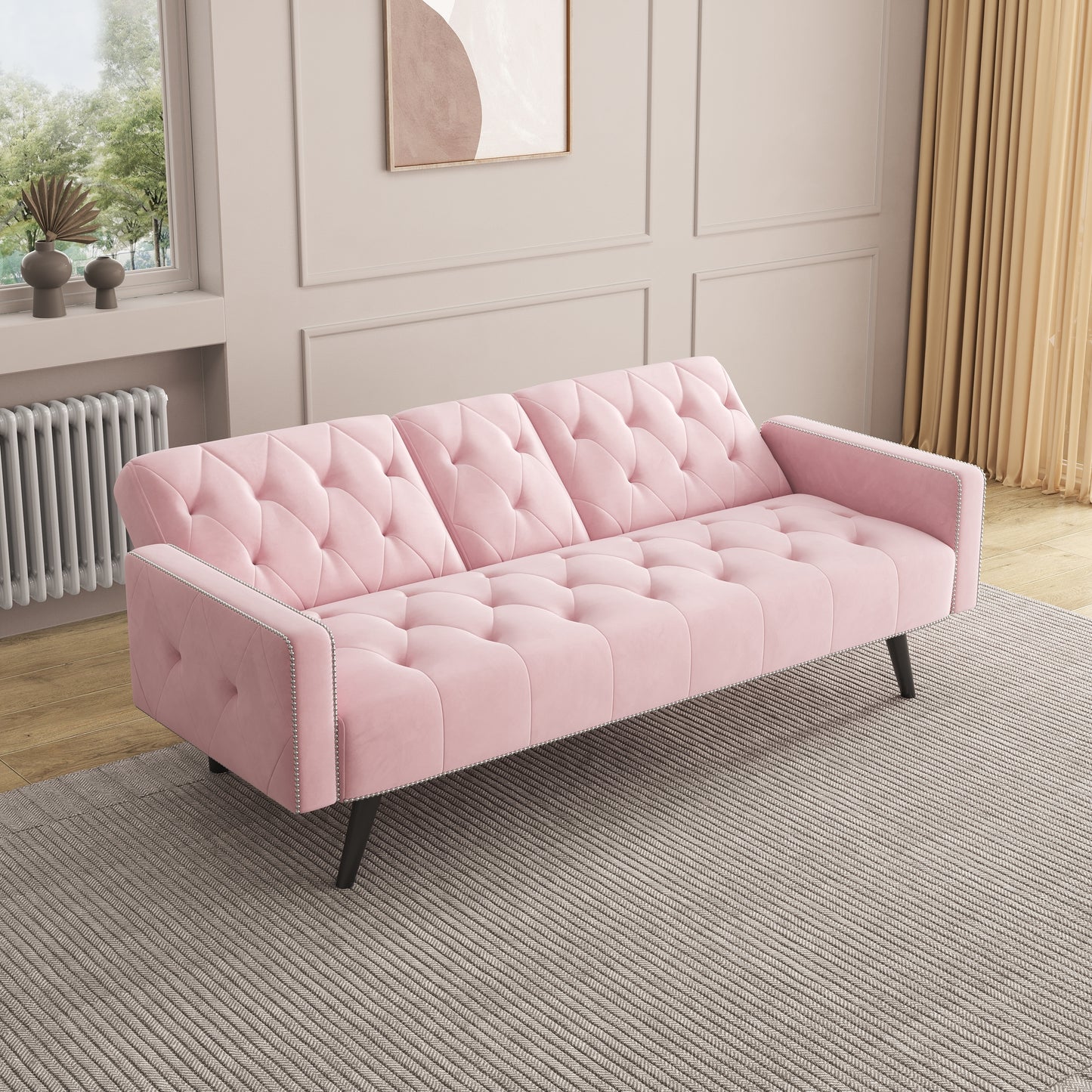 72 Pink Velvet Sofa Bed with Nail Head Trim and Two Cup Holders for Small Spaces