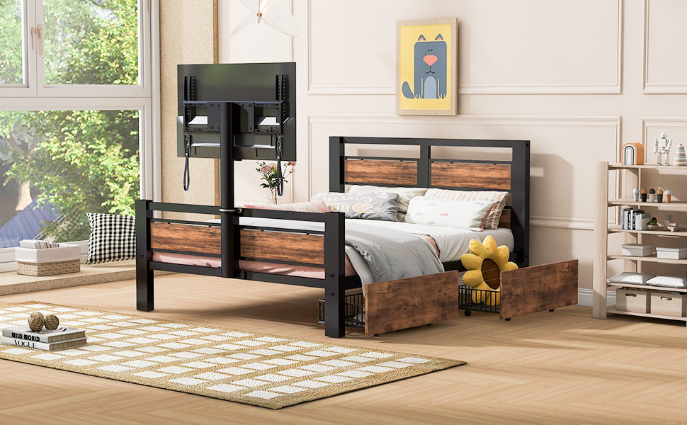 Metal Twin Size Bed with TV Stand, Storage Drawers, and Black Finish