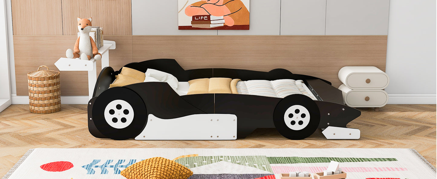 Full Size Race Car-Shaped Platform Bed with Wheels,Black