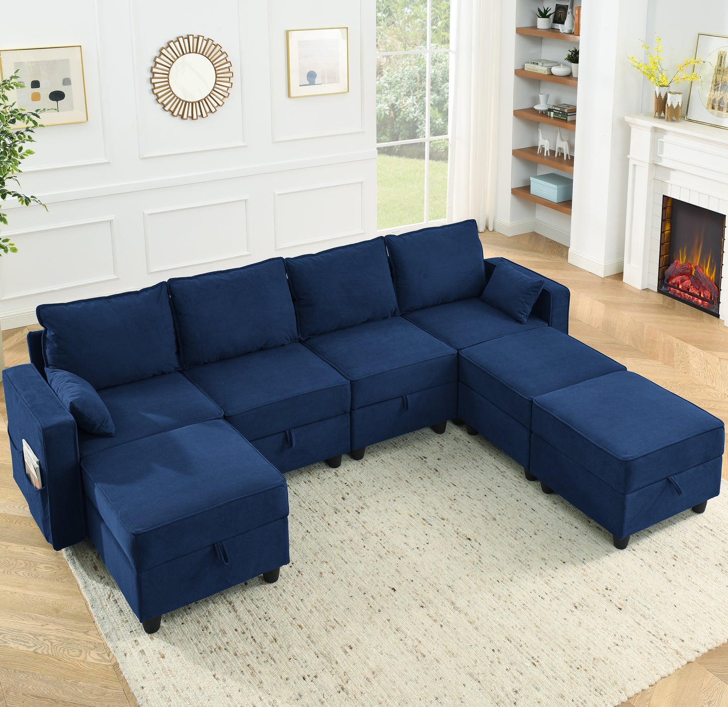 Sectional Modular Sofa, 7 Storage Seat Sofa Bed Couch for Living Room, Navy Blue Corduroy Velvet