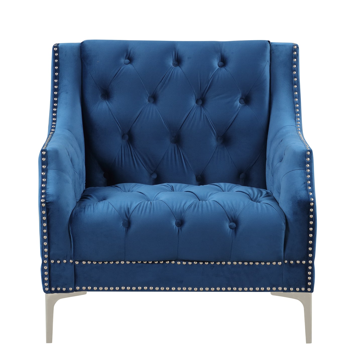 33.5 Plush Blue Modern Sofa with Metal Legs and Button Tufted Back