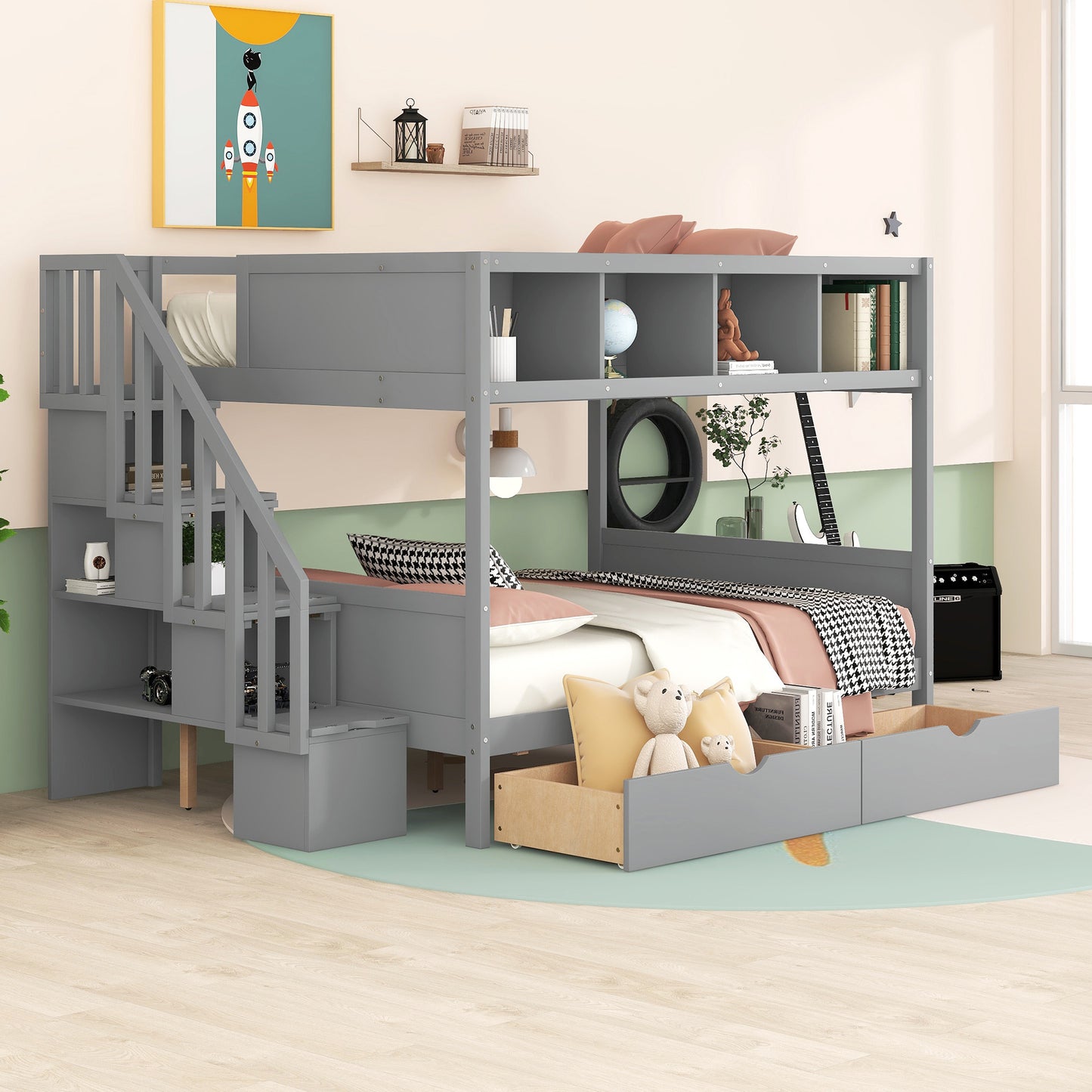 Twin over Full Bunk Bed with Storage Staircase, Drawers, and Shelfs in Gray