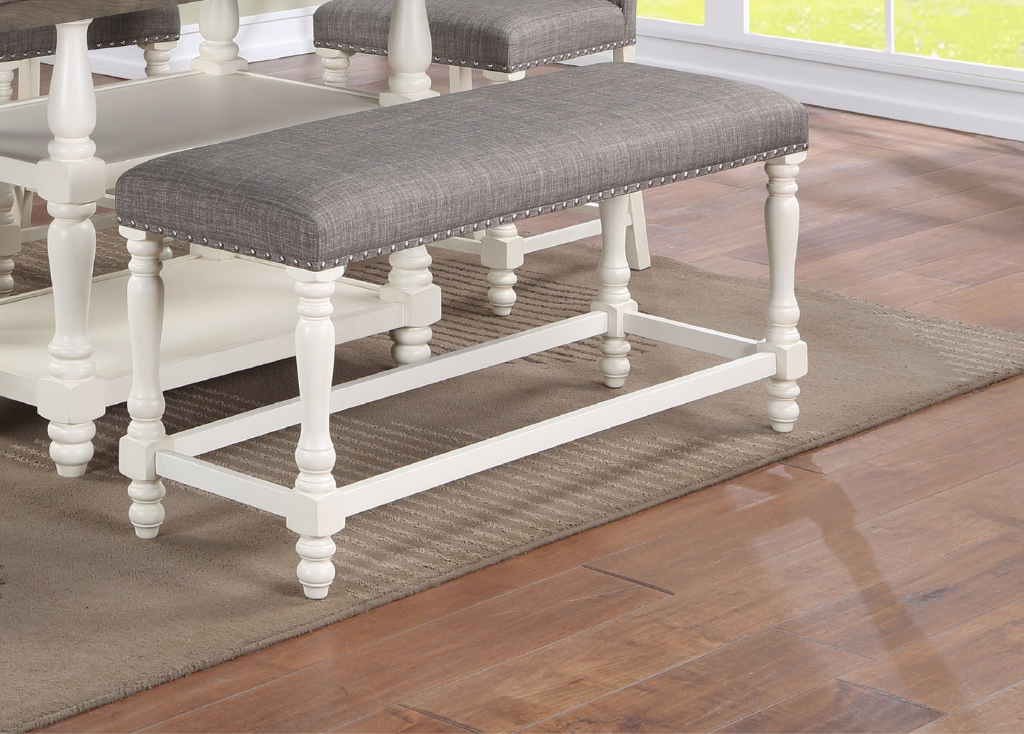 1pc Traditional Style Chalk Gray Finish Counter Dining Height Turned Legs Nailhead Trim Linen Fabric Upholstered Bench Solid Wood Wooden Dining Room Bench