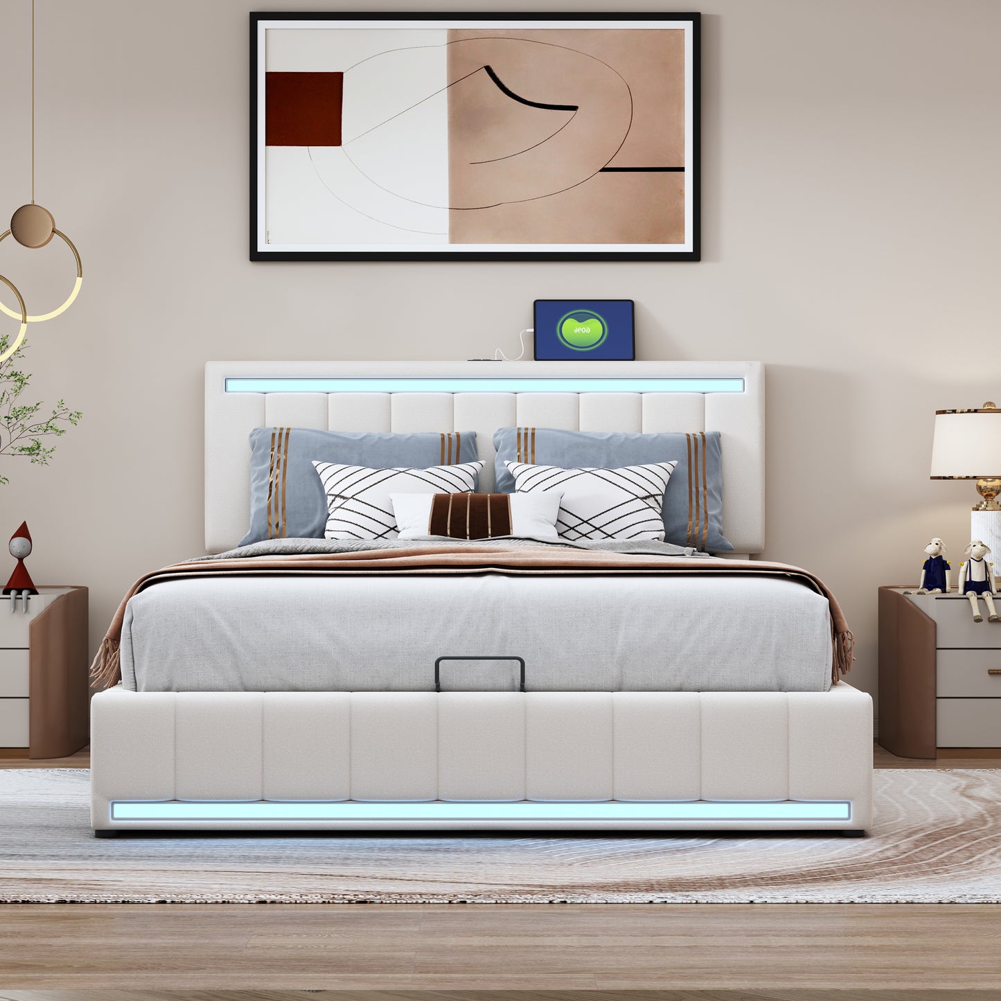 Full Size Upholstered Platform Bed with Hydraulic Storage System, LED Light, and a set of USB Ports and Sockets, Linen Fabric, Beige