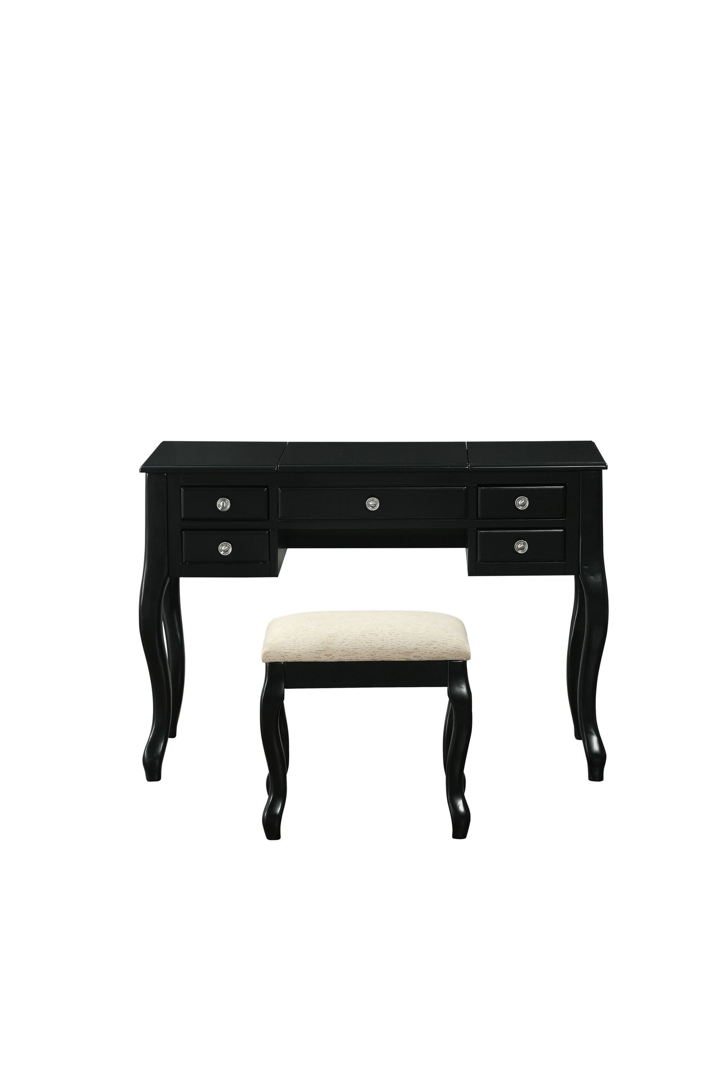 Classic 1pc Vanity Set w Stool Black Color Drawers Open-up Mirror Bedroom Furniture Unique Legs Cushion Seat Stool Vanity