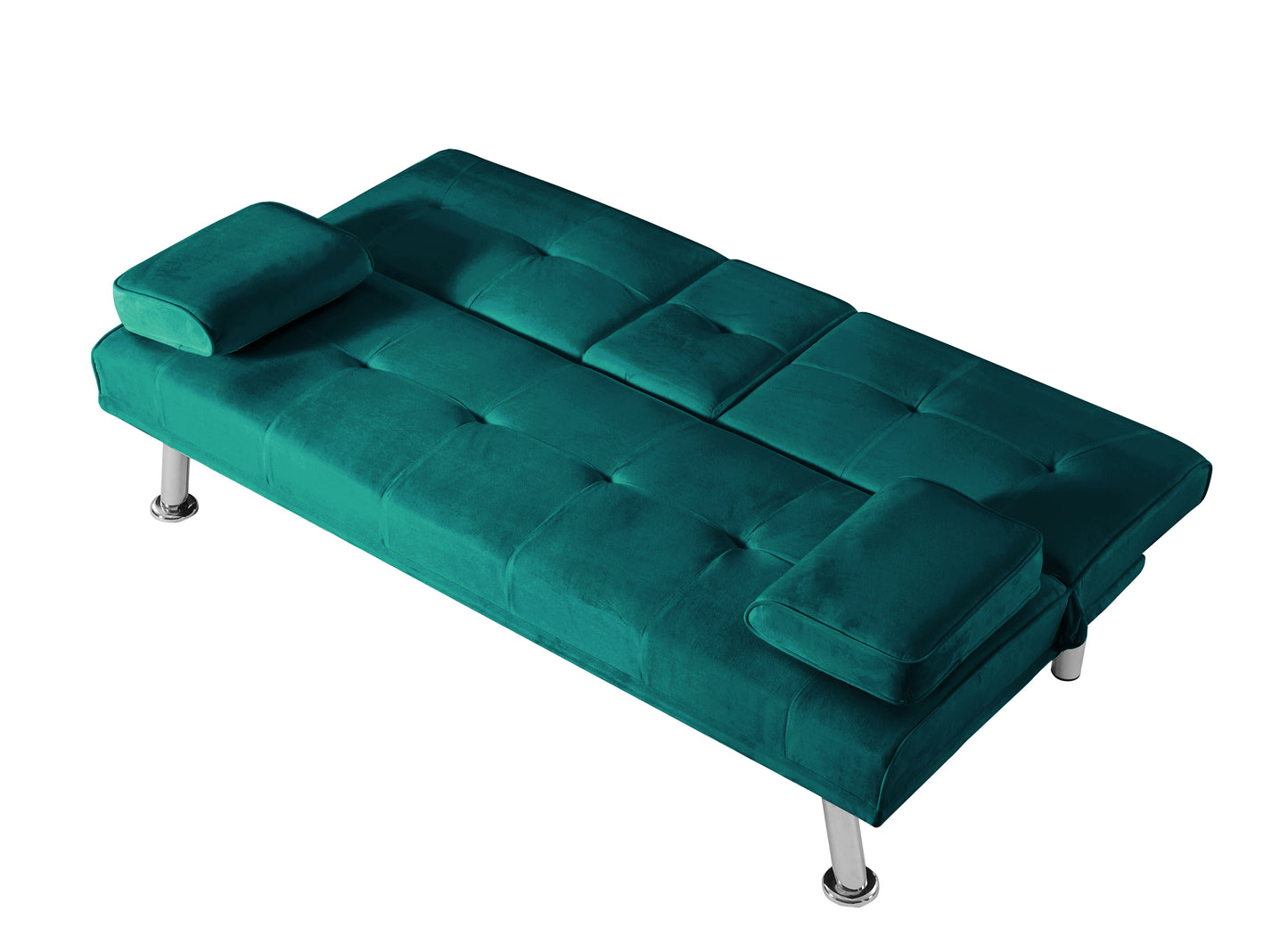 Velvet Upholstered Modern Convertible Folding Futon Sofa Bed Removable Armrests, Metal Feet with 2 Cup Holders