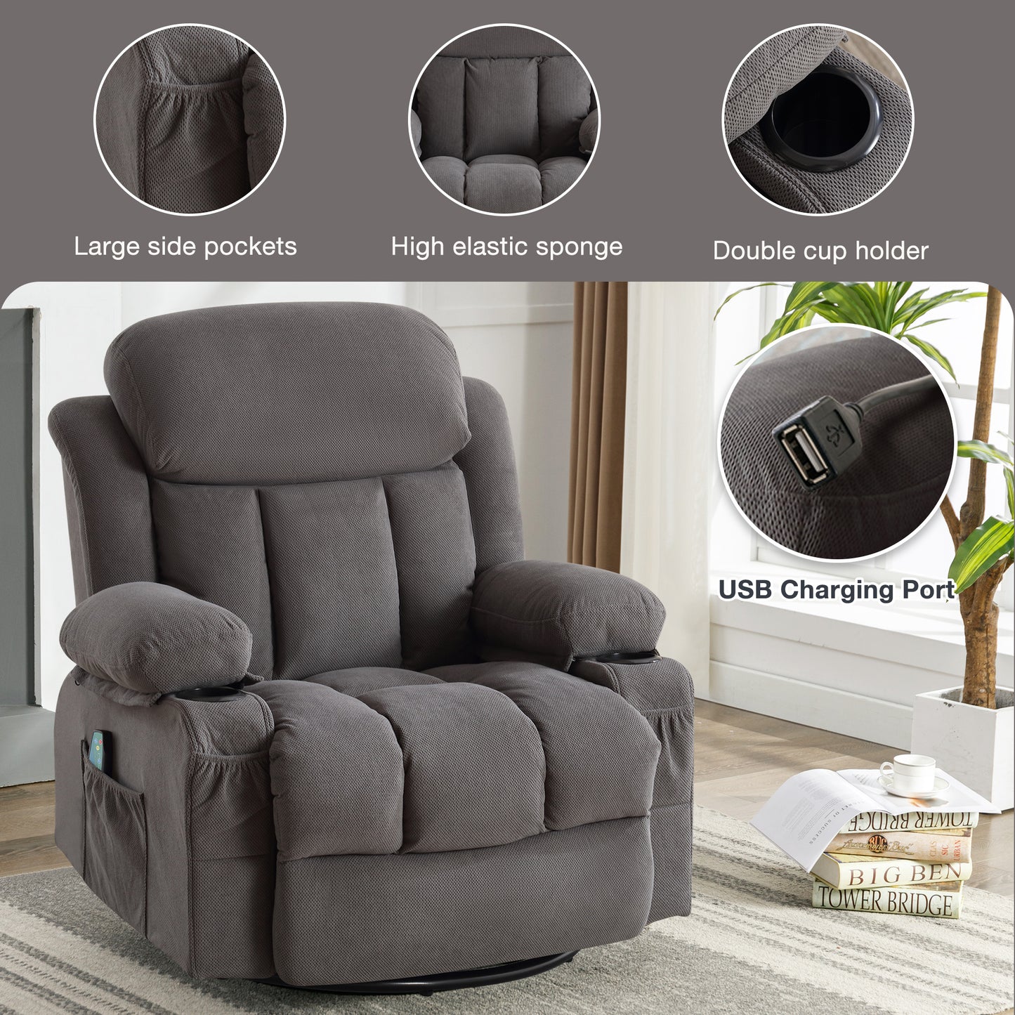 Swinging Recliner Massage Heated Sofa with USB and Cup Holders in Luxurious Grey Velvet