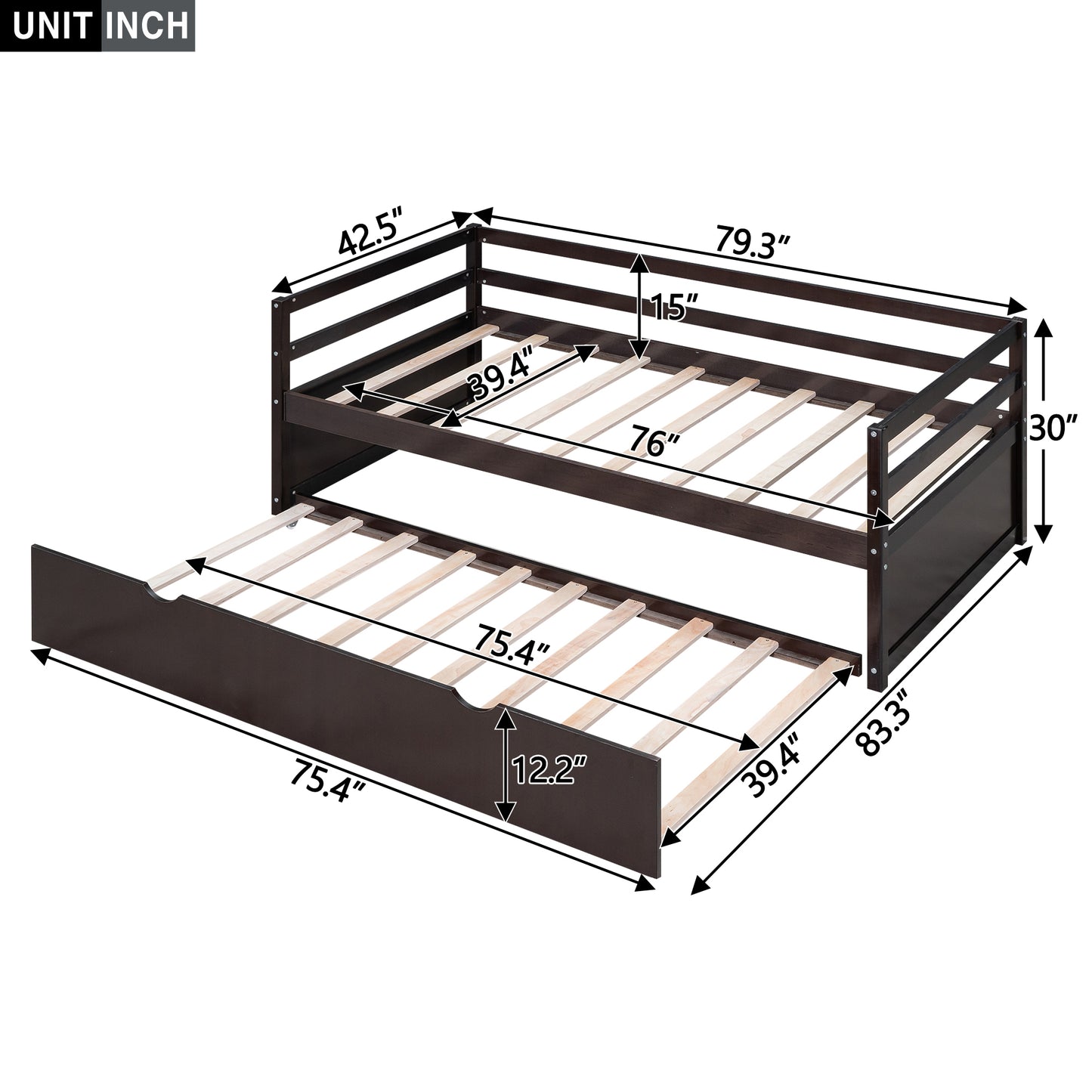 Twin Size Wood Daybed with Twin Size Trundle, Espresso(Expected Arrival Time: 1.7)