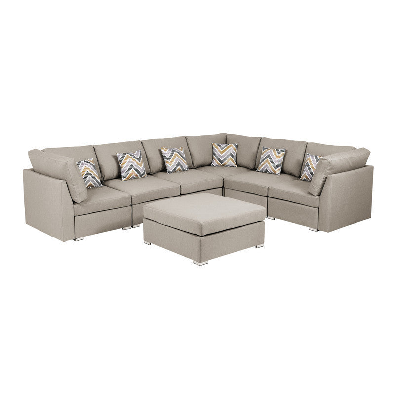 Amira Beige Fabric Modular Sectional Sofa Set with Ottoman and Pillows