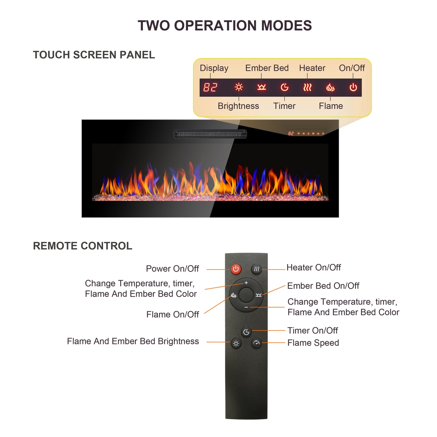 60-Inch Wall Mounted Electric Fireplace with Multi-Color Flame & Emberbed