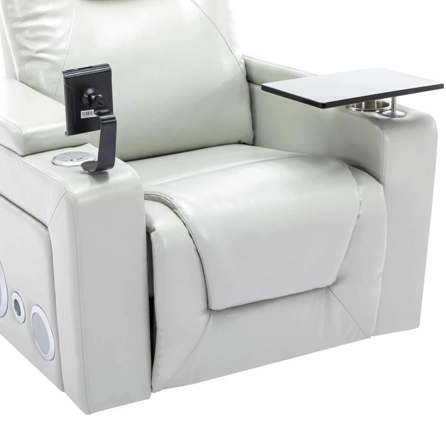 Luxurious Grey PU Leather Power Recliner with Surround Sound and Storage.