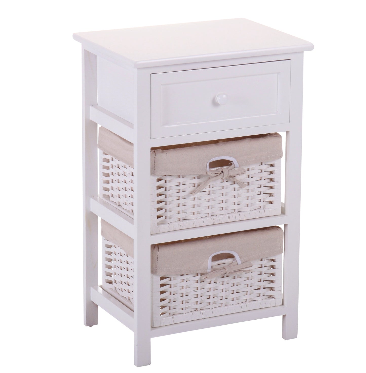 One Drawer Nightstand with Two Removable Baskets, Storage Bedside Table, Modern End Table with Tall Legs, Indoors, White