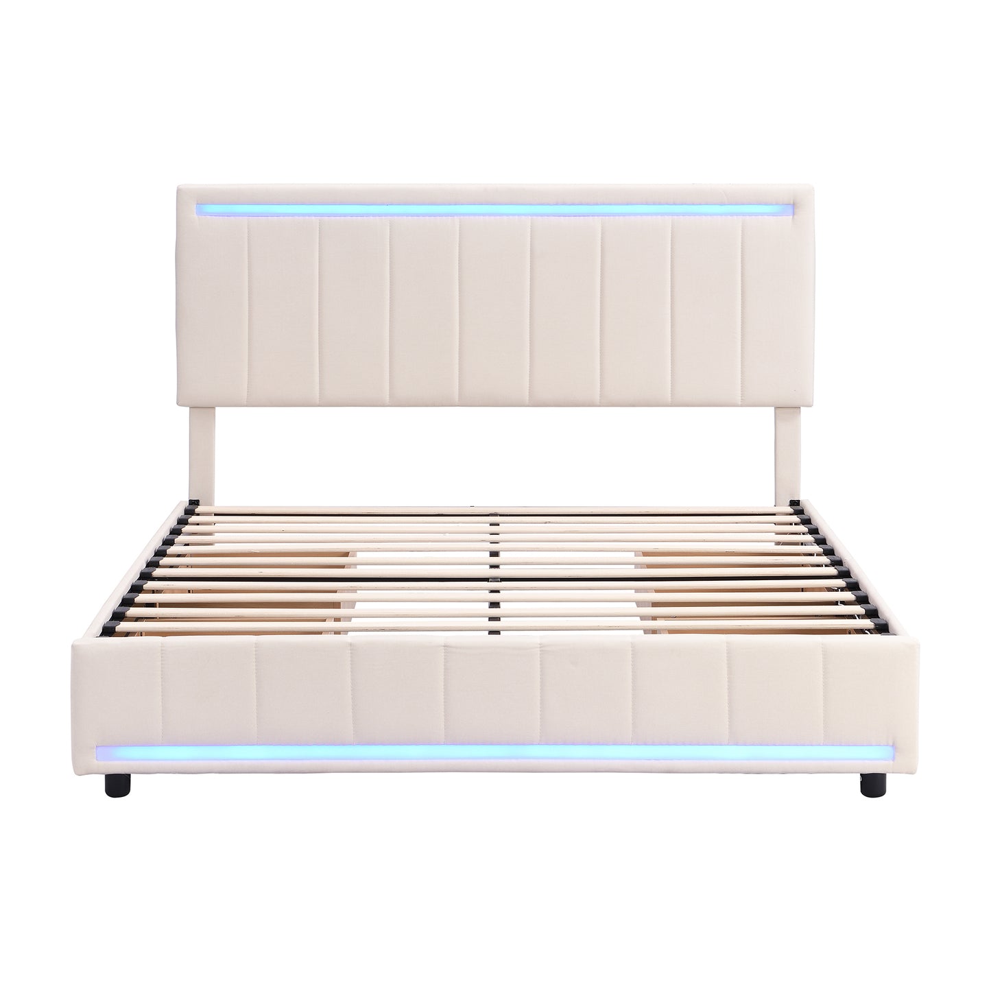 Queen Size Upholstered Bed with LED Light and 4 Drawers,  Modern Platform Bed with a set of Sockets and USB Ports, Linen Fabric, Beige