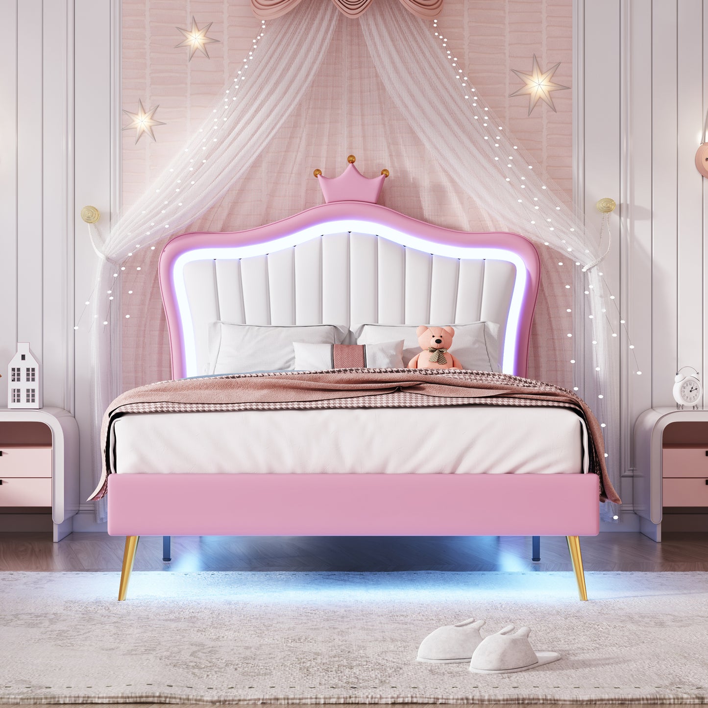 Twin Size Upholstered Bed Frame with LED Lights, Modern Upholstered Princess Bed With Crown Headboard,White+Pink