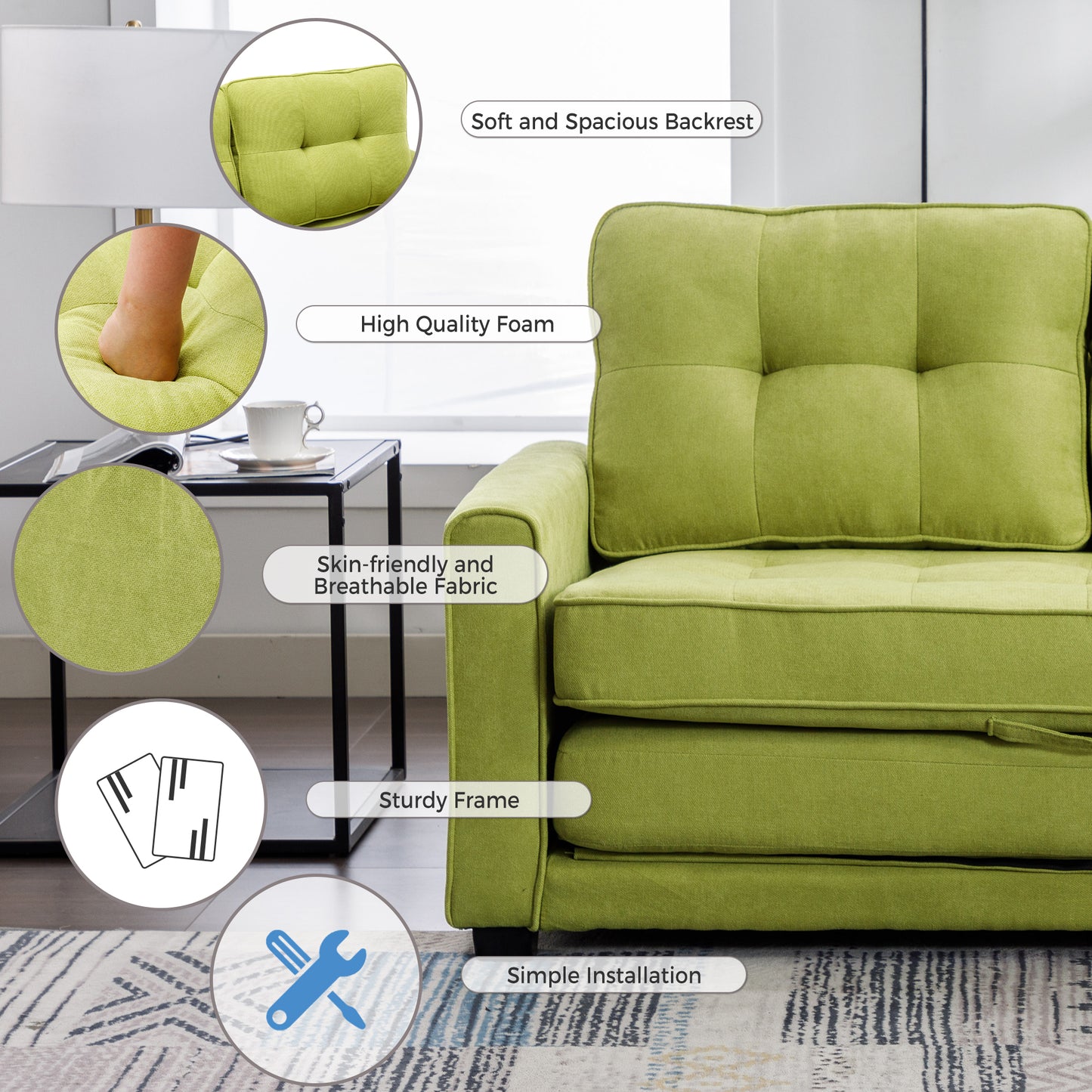 Loveseat Sofa with Pull-Out Bed, Green Chenille Upholstery