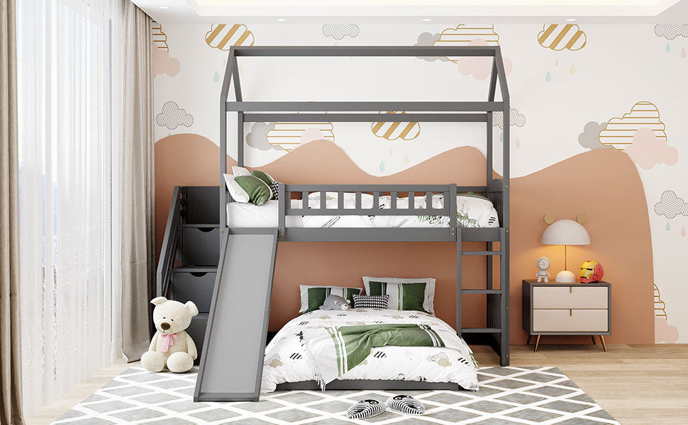 White House Design Twin Over Twin Bunk Bed with Slide and Storage Steps