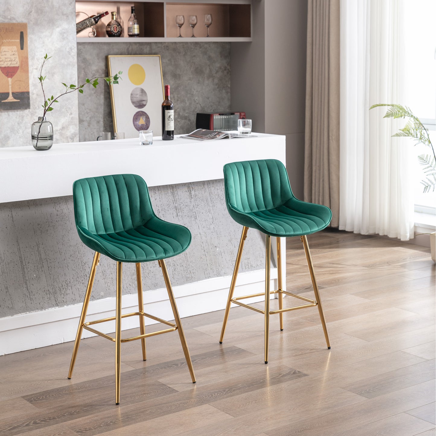 26 Inch Set of 2 Bar Stools,with Chrome Footrest Velvet Fabric Counter Stool Golden Leg Simple Bar Stool,GREEN