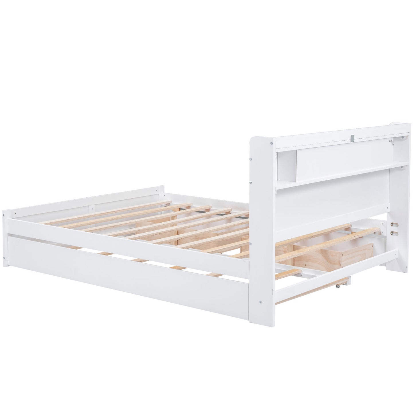 Queen Size Wood Storage Platform Bed with LED, 2 Drawers and 1 Twin Size Trundle, White