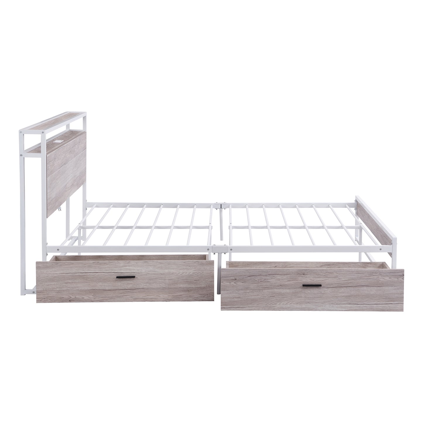 Queen Size Metal Platform Bed Frame with Two Drawers,Sockets and USB Ports ,Slat Support No Box Spring Needed  White