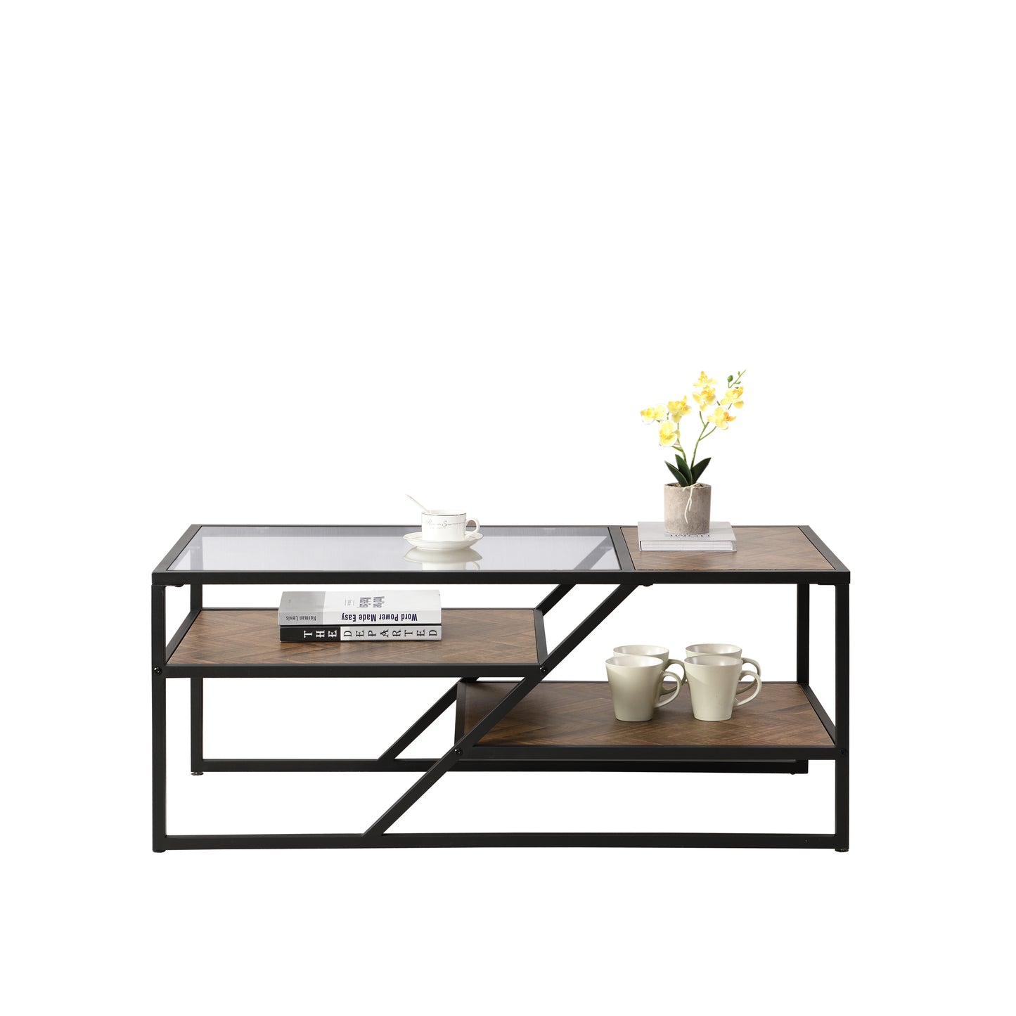 Sleek Black Coffee Table with Tempered Glass Top and Storage Shelf: Ideal for Living Room and Bedroom